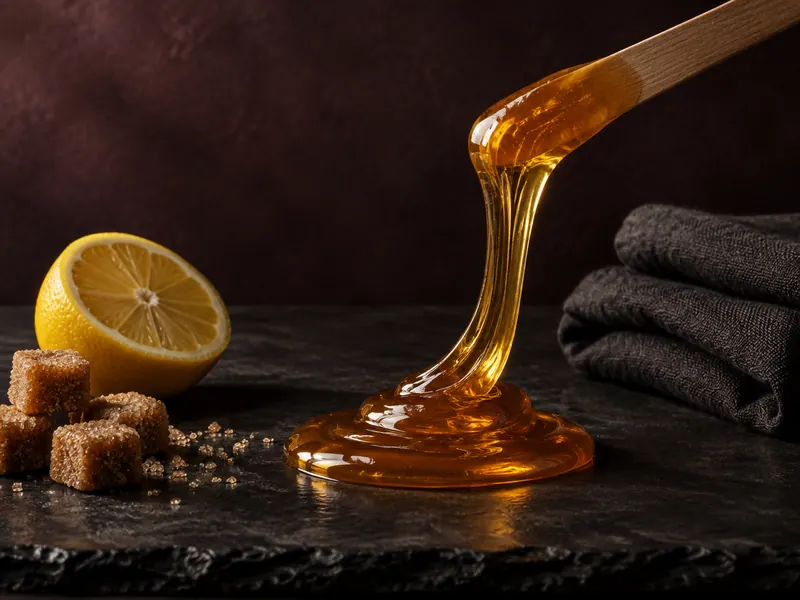 Amber sugar paste flowing from a wooden spatula onto dark slate, with a folded charcoal towel