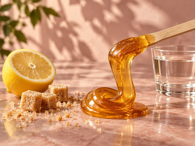 A ribbon of amber sugar paste on a wooden spatula beside a lemon half, sugar cubes and a glass of water