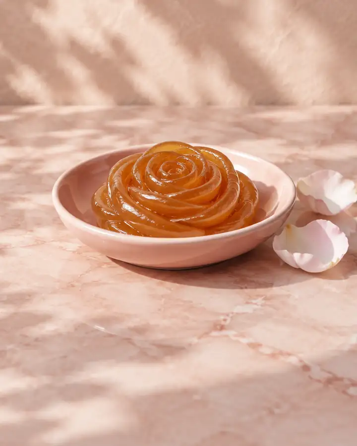 Still life: amber sugar paste swirled in a pink dish