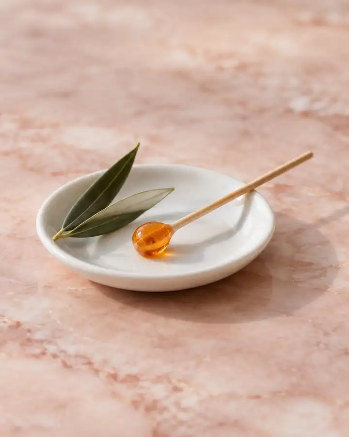 Still life: a bead of sugar paste on a slim stick with two olive leaves