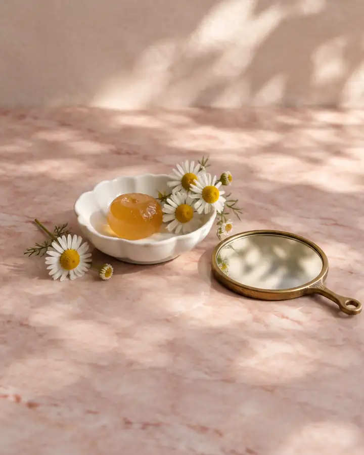 Still life: sugar paste in a small dish with chamomile and a hand mirror