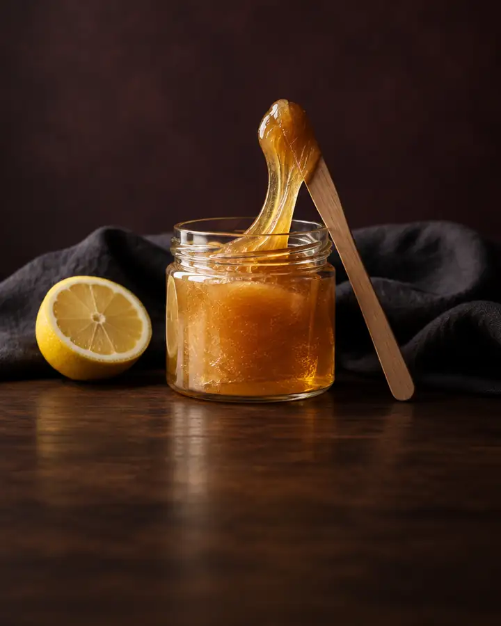 Still life: a jar of sugar paste on dark wood