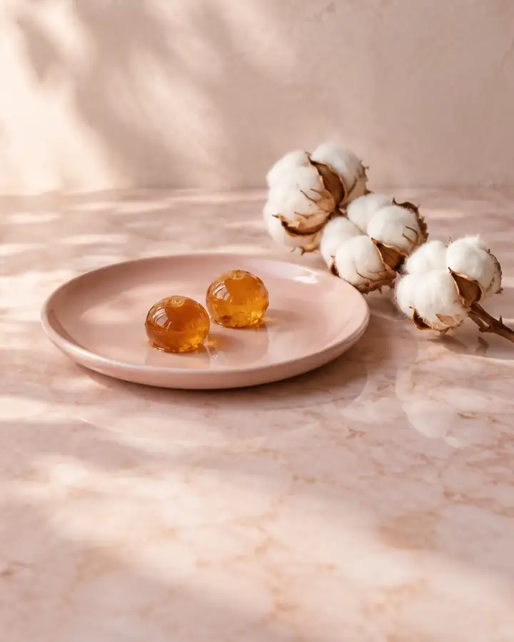 Still life: two pearls of sugar paste beside cotton bolls